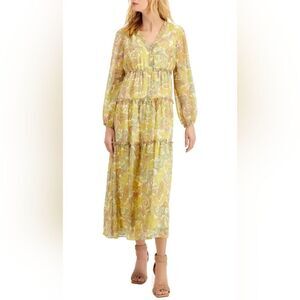 NWT TAYLOR DRESS Paisley Long Sleeve Tiered Dress In Yellow Size 14